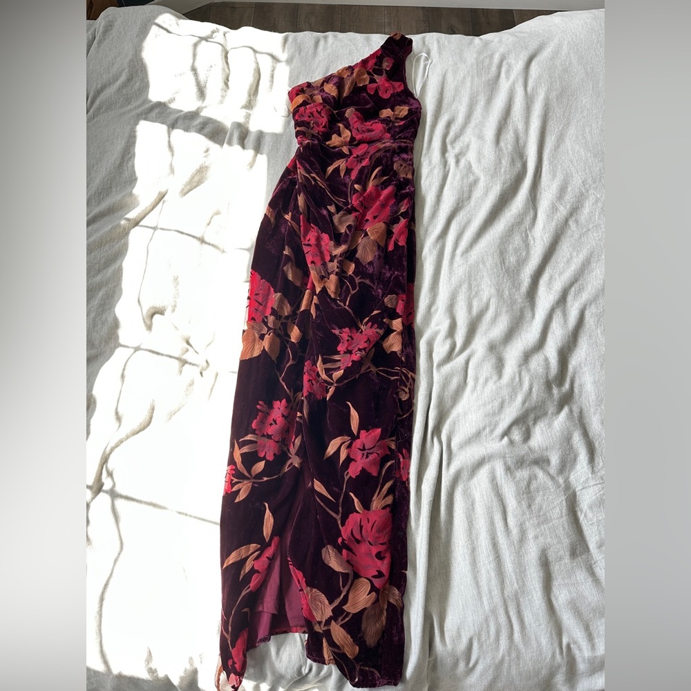 Unreal Awe Burgundy Floral Burnout Velvet One-Shoulder Dress